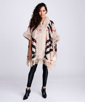 Checked Wrap with Faux Fur Trim - Apparel, Faux Fur, Karmena, Outerwear, Taupe, Wrap