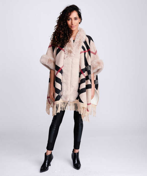 Checked Wrap with Faux Fur Trim - Apparel, Faux Fur, Karmena, Outerwear, Taupe, Wrap