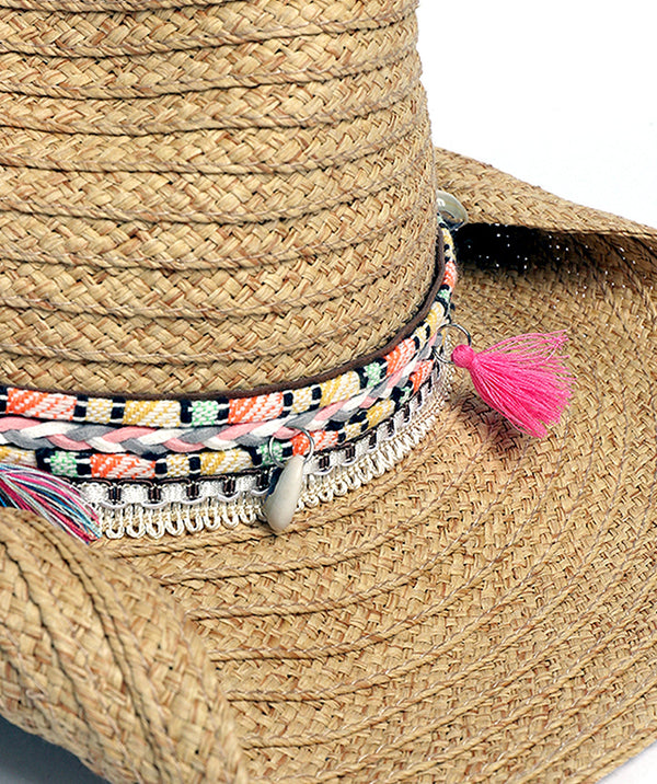 Natural Straw Cowboy Hat with Pink Aztec Belt Trim