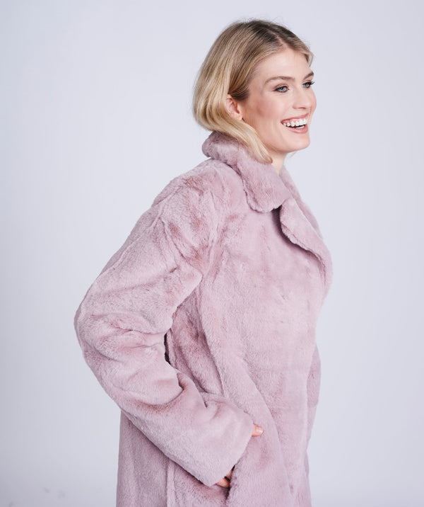 Women`s Faux Fur Coat - Dusty Pink - Apparel, Coat, Dusty Pink, Faux Fur, Kennedy, Outerwear, Winter