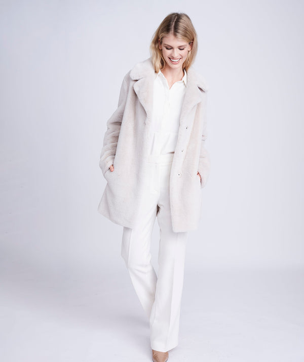 Women`s Faux Fur Coat - Cream - Apparel, Coat, Faux Fur, Kennedy, Outerwear, Pearl, Winter