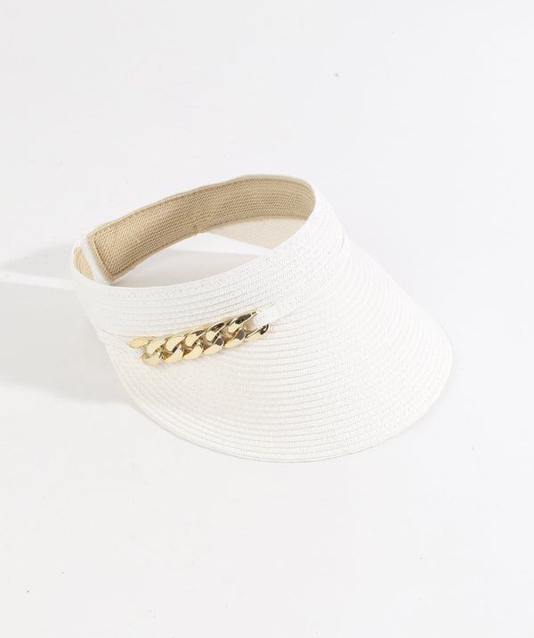 White Paper Straw Visor with Gold Chain Embellishment