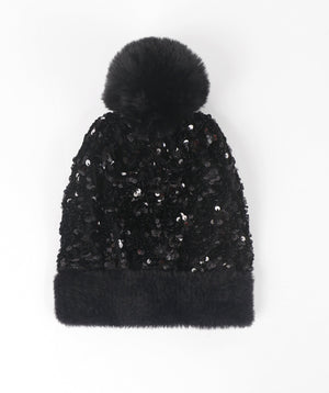 Sequin Pom Pom Hat - Black - Accessories, Black, Hat, Kiaro, Winter Accessories
