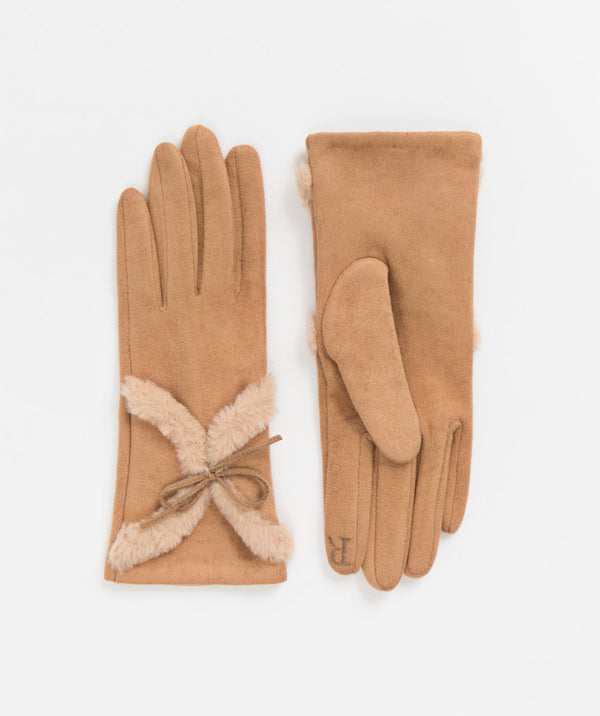 Women`s Faux Suede Gloves - Beige - Accessories, Beige, Faux Fur, Glove, Kora, Winter Accessories