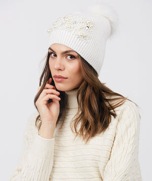 Pearl Studded Beanie Hat - White - Accessories, Hat, Ivory, Krystal, Winter Accessories