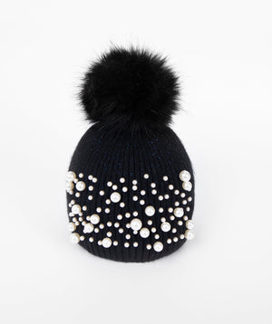 Pearl Studded Beanie Hat - Black - Accessories, Black, Hat, Krystal, Winter Accessories
