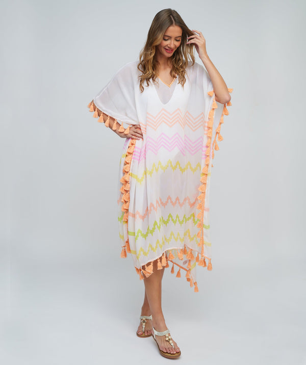 Pink Zig-Zag Print Maxi Coverup with Tassel Trim