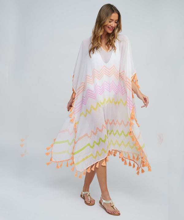 Pink Zig-Zag Print Maxi Coverup with Tassel Trim