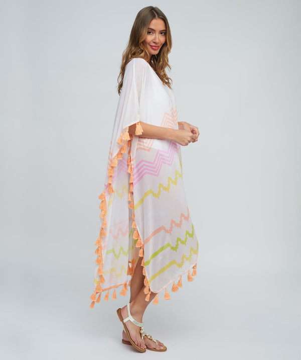 Pink Zig-Zag Print Maxi Coverup with Tassel Trim