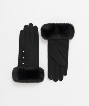 Stylish Glove with Pearl Decor and Faux Fur Cuff - Black - Accessories, Black, Glove, Leah, Winter Accessories