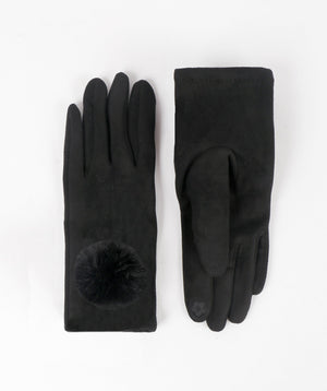 Faux Suede Pom Pom Gloves - Black - Accessories, Black, Faux Fur, Glove, Leighton, Winter Accessories
