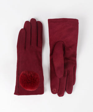 Faux Suede Pom Pom Gloves - Burgundy - Accessories, Burgundy, Faux Fur, Glove, Leighton, Winter Accessories
