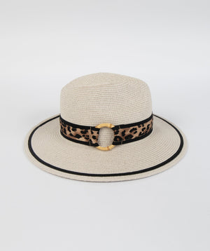 Silver Grey Peaked Straw Panama Hat with Leopard Print Band