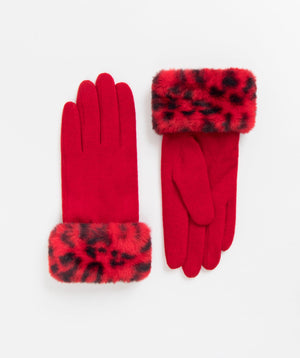 Faux Fur Cuffed Gloves - Red-Black - Accessories, Faux Fur, Glove, Livia, Red/Black, Winter Accessories