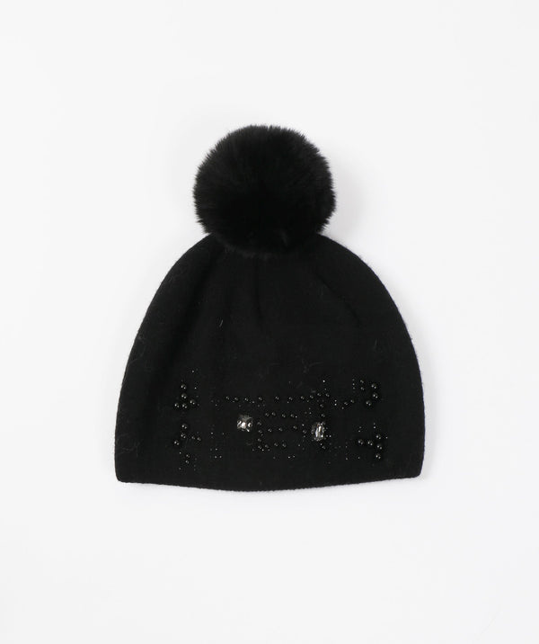 Black Knitted Beannie with Pearl Embellishments and large Pom Pom