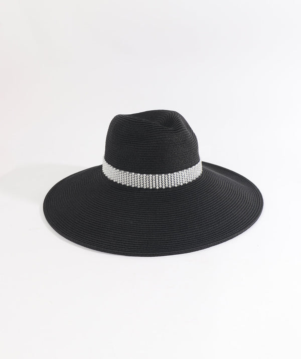 Black Wide Brim Straw Panama Hat with Diamante Embellished Band