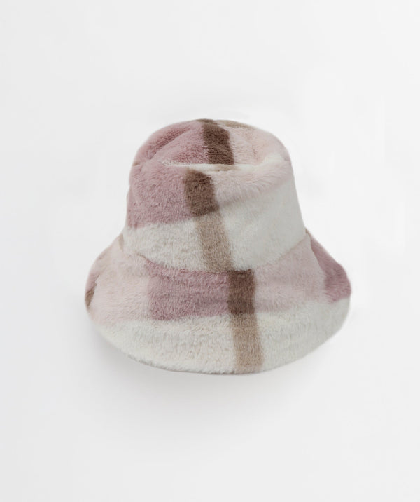 Faux Fur Checked Bucket Hat - Blush Pink