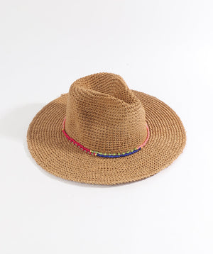 Natural Paper Straw Fedora Hat with Bead Embellishment