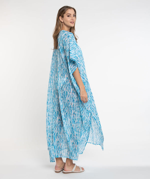Turquoise Maxi Kaftan with Lace-Up Tie and Wide Sleeve Openings