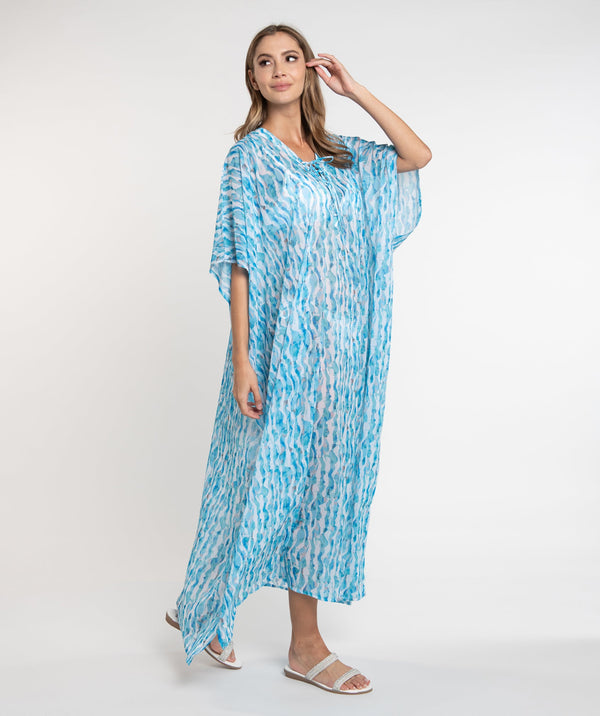 Turquoise Maxi Kaftan with Lace-Up Tie and Wide Sleeve Openings