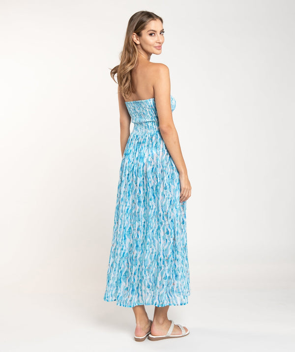 Blue Wave Print Maxi Dress with Elastic Bandeau Top