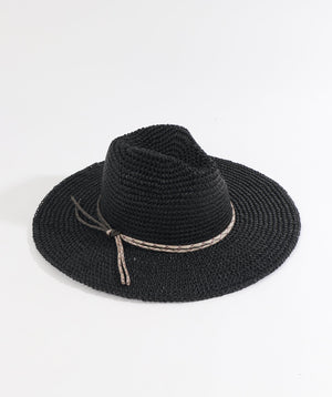 Black Paper Straw Fedora Hat with Embellished Band