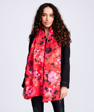 Cashmere Feel Floral Scarf - Red - Accessories, Marlowe, Red, Scarf, Winter Accessories