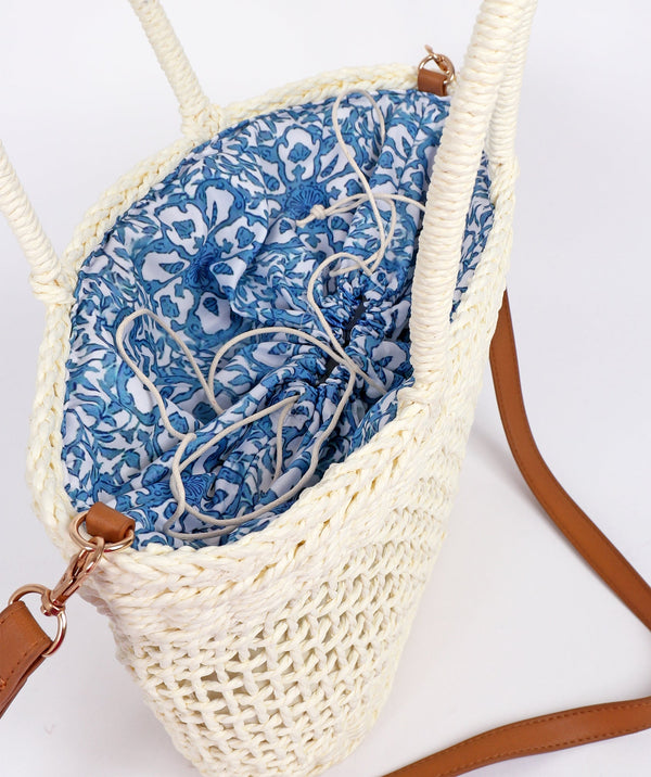 White Open Weave Straw Beach Bag