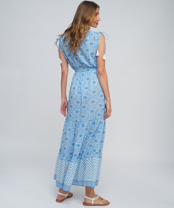 Blue and White Floral Print Maxi Dress with Tasselled Ties