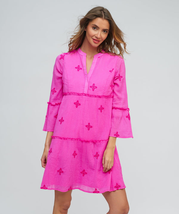 Fuchsia Cotton Sun Dress with Bell Sleeves and Floral Embroidery