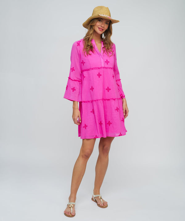 Fuchsia Cotton Sun Dress with Bell Sleeves and Floral Embroidery