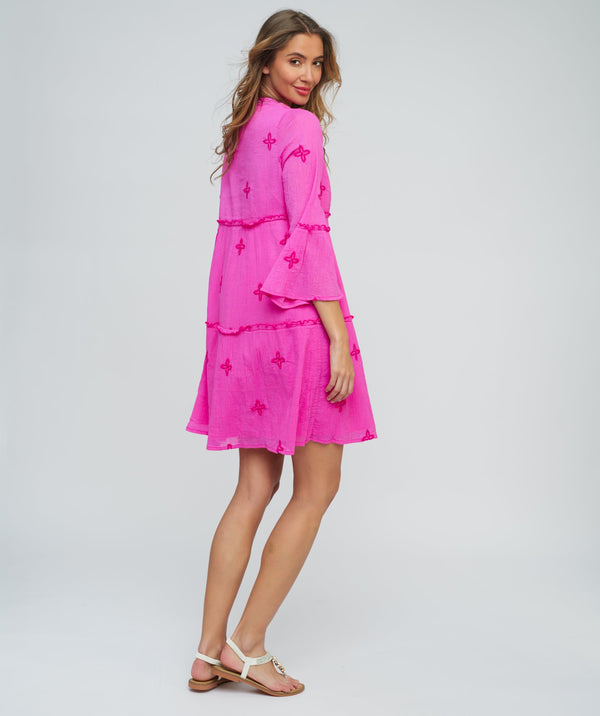 Fuchsia Cotton Sun Dress with Bell Sleeves and Floral Embroidery