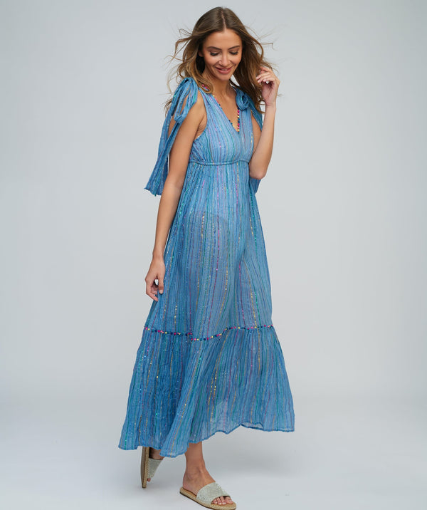 Blue Rainbow Striped Maxi Dress with Pom Pom Trimming