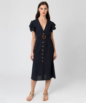 Black Linen Summer Dress in Midi Length