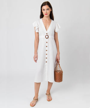 White Linen Summer Dress in Midi Length