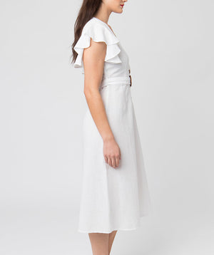 White Linen Summer Dress in Midi Length