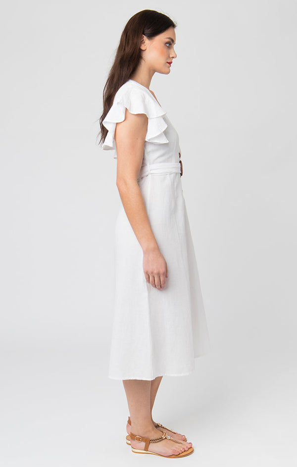 White Linen Summer Dress in Midi Length
