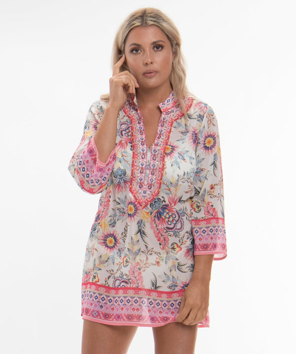 Pink Printed Summer Tunic with Beach Cover Ups & Dresses
