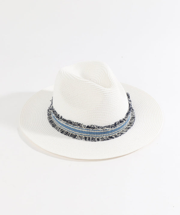 White and Blue Striped Trilby Hat with Ribbon Embellishment
