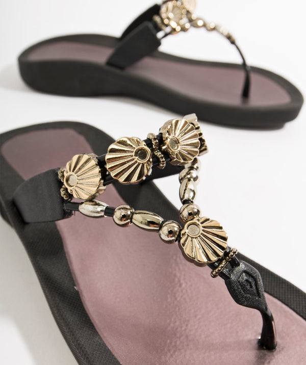 Black Wedged Embellished Sandal with Non-Slip Sole and Padded Insole