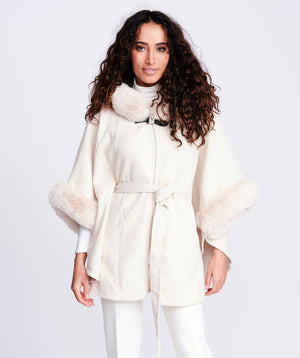 Cream Fur Trimmed Belted Wrap - Apparel, Cream, Nadine, Outerwear, Wrap