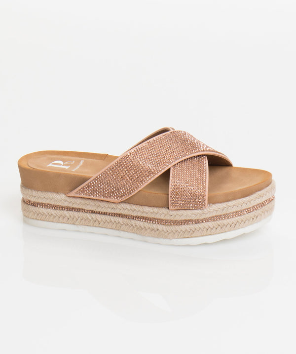 Light Tan Embellished Platform Slider Sandals