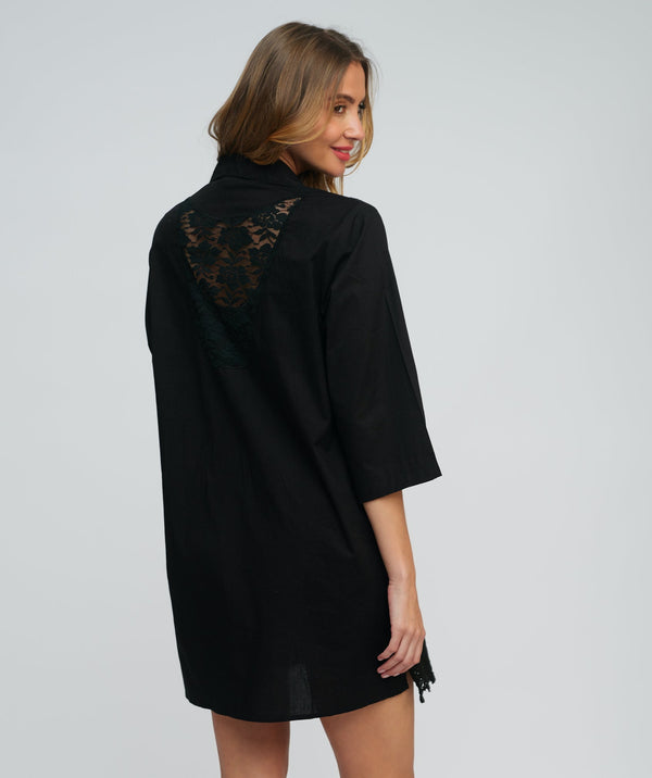 Black Lace-Trimmed Beach Shirt with Buttoned Back