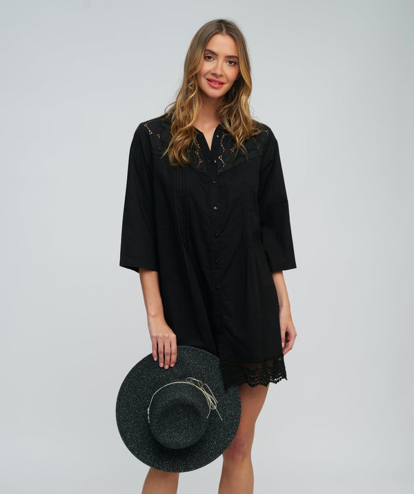 Black Lace-Trimmed Beach Shirt with Buttoned Back