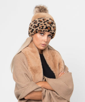 Leopard Print Pom Hat - Camel - Accessories, Felicia, Hat, Leopard, Winter Accessories