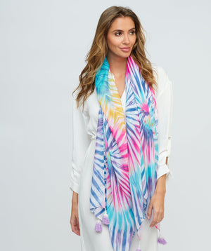 Multicoloured Rainbow Ombre Print Scarf with Tassel Embellished Edging