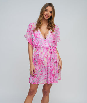 Pink Paisley Printed Chiffon Beach Dress with Deep-V Neckline