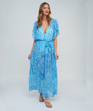Blue Paisly Printed Chiffon Maxi Dress with Deep V Neckline
