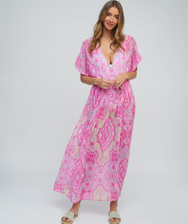 Pink Paisly Printed Chiffon Maxi Dress with Deep V Neckline