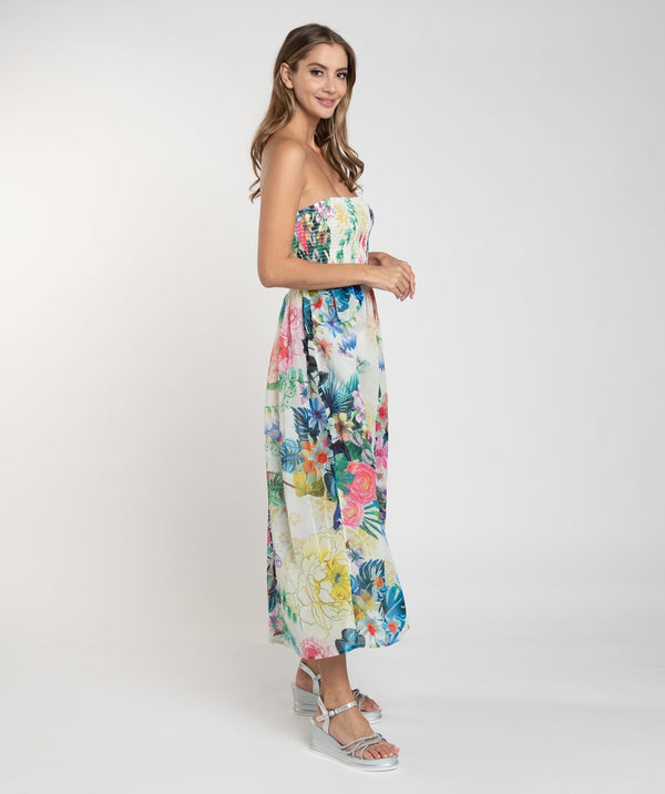 Pink Floral Print Maxi Dress with Elasticated Bandeau Top